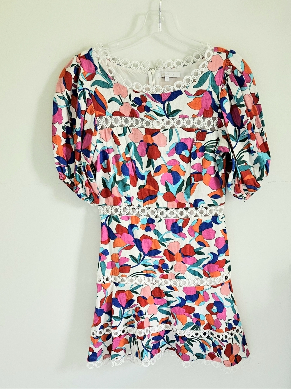 Olivaceous Floral Linen Blend Dress Eyelet Trim